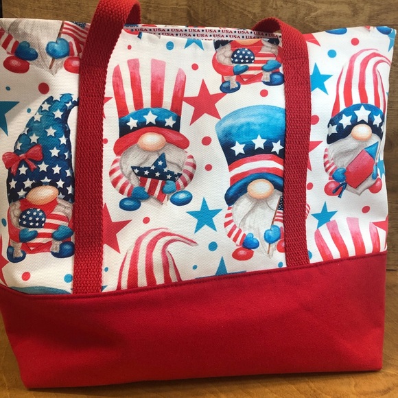 None Handbags - Gnome Canvas Tote Bag Large 4th of July Red White Blue Patriotic Flag